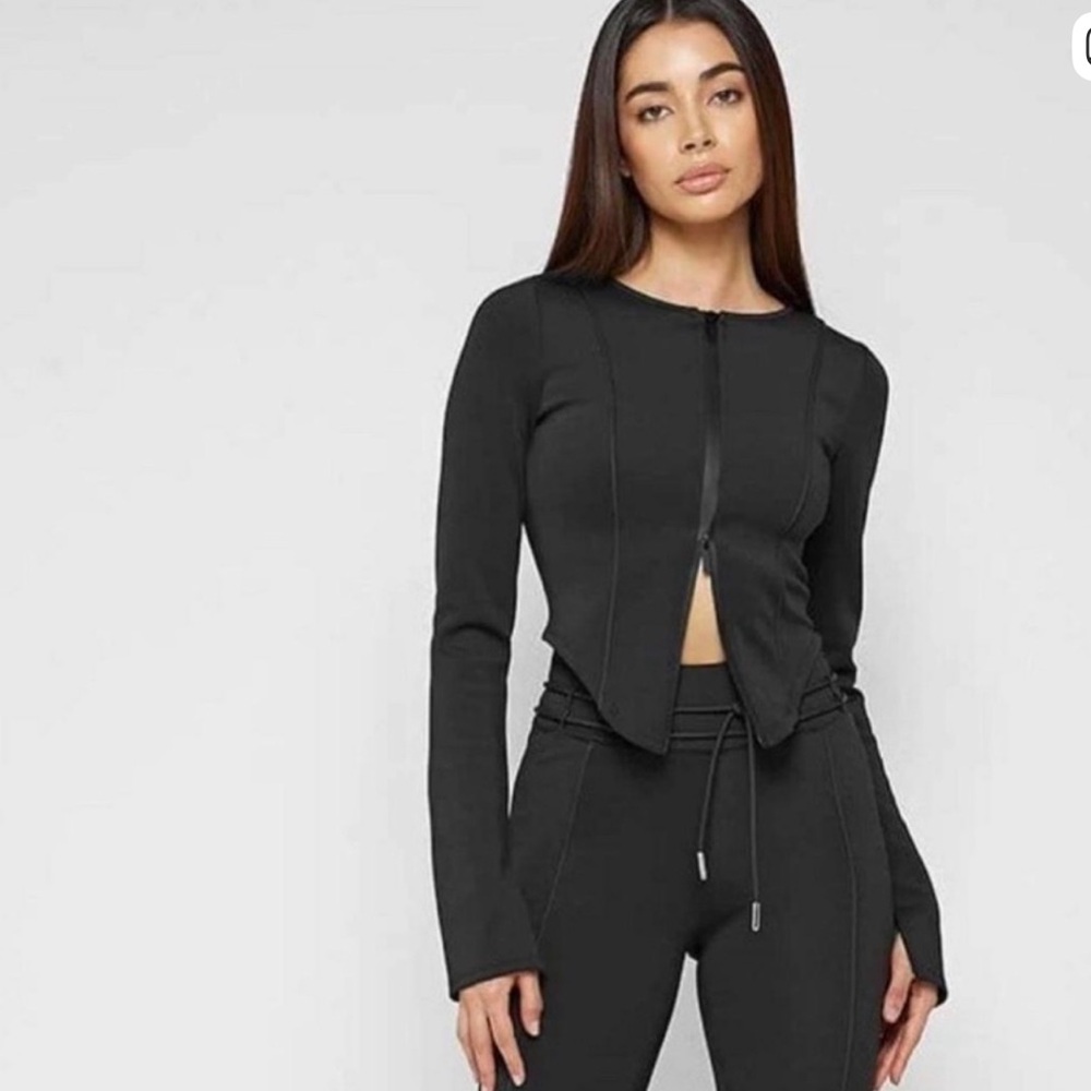 Manière De Voir Neoprene Double Zip Corset Long Sleeve Top in Dove Gray